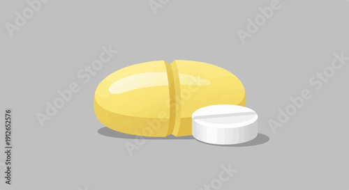 Two pills, one large yellow with a score, and a smaller white one