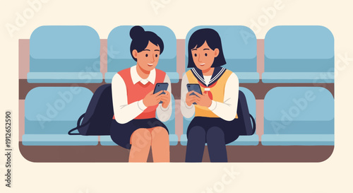 Two young women in school uniforms looking at their phones while sitting on benches