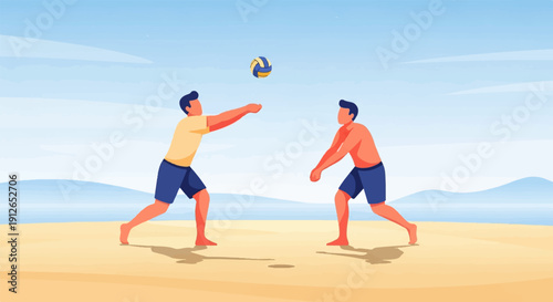 Two men playing volleyball on a sandy beach near the ocean
