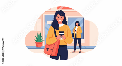 Two young women walk outside a building with coffee cups and bags