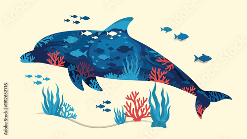 Beautiful paper cut-out illustration of a large dolphin filled with intricate coral reef details, diverse fish, and vibrant seaweed.