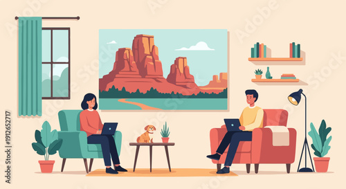 Two people working remotely in a cozy living room with desert landscape art