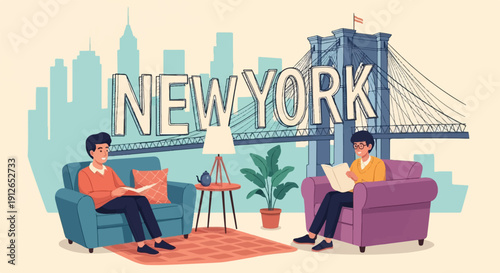 Two men relaxing indoors with New York cityscape and bridge backdrop