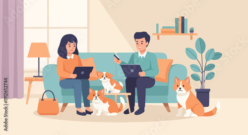 Two people working on laptops with dogs in a cozy living room