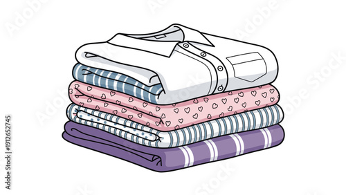 Neatly folded stack of various patterned clothes, including a crisp white collared shirt, clean laundry, and textile organization.
