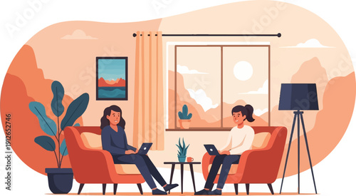 Two young women working on laptops on comfy armchairs in a cozy living room