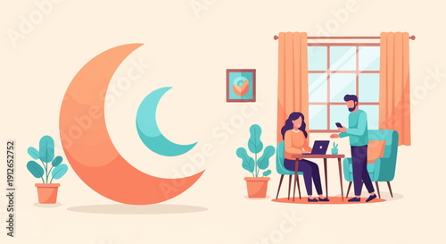 Two people work on laptops in a room with crescent moons and plants