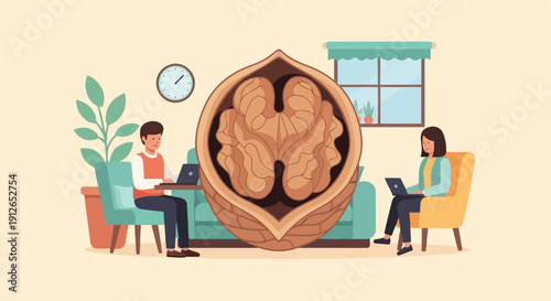 Two people work on laptops in a room with a giant walnut centerpiece