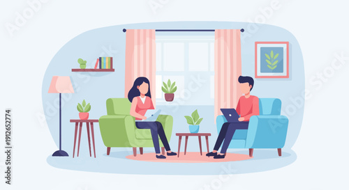 Two people working on laptops while sitting in armchairs in a living room