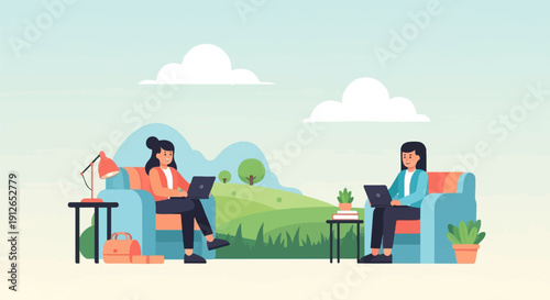 Two people working on laptops while relaxing on chairs in a scenic outdoor setting