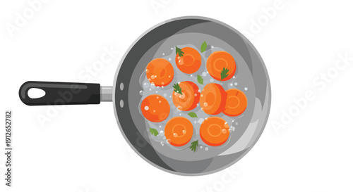 Bright orange carrot slices simmer gently in a non-stick pan, adorned with fresh green herbs, representing simple, healthy cooking and nutritious
