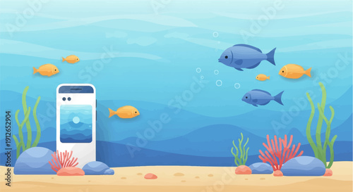 Underwater scene with digital device and marine life
