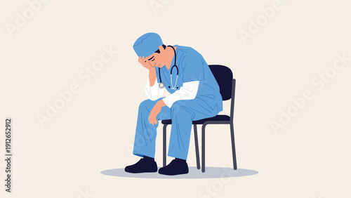 Exhausted doctor in scrubs and a stethoscope, sitting disconsolately on a chair with his head in his hand, symbolizing burnout and stress.