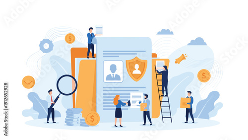 Collaborative team working around a large document with personal data, a shield icon, and money, symbolizing data protection, privacy, and insurance services.