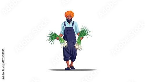 Sikh farmer wearing a traditional turban and overalls proudly holding two bountiful bunches of freshly harvested green onions.