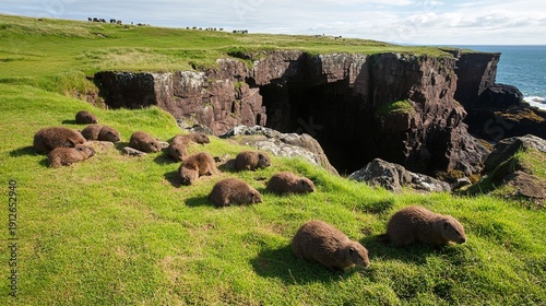 lemming. Lemming migration moving toward cliff edge in wide angle terrain view. wildlife magazines, conservation campaigns, designed for nature documentaries and education, used by videographers.