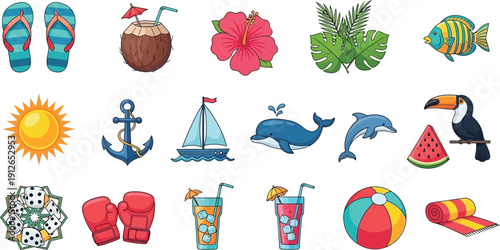 Summer Vacation Icons: Tropical Beach Holiday Fun Elements Collection