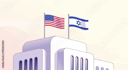 Two national flags fly above a stylized building