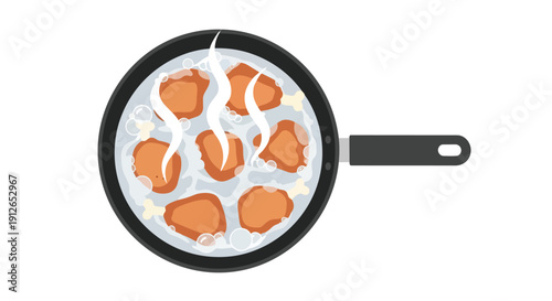 Overhead view of food simmering in a pan with rising steam cooking process illustration