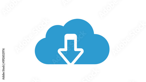 Cloud Download Icon. Blue flat vector graphic symbolizing data transfer, synchronization, and digital storage retrieval from online server networks.