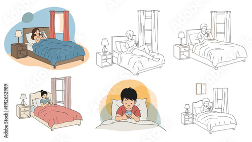 Various illustrations showcasing people, including a couple and a child, lying in bed and engaged with their smartphones at night.