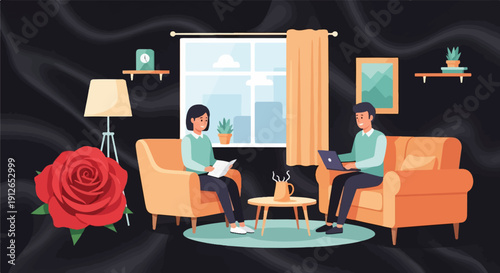 Two people relaxing in a living room with a large red rose