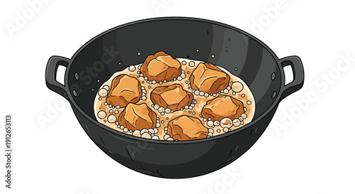 Delicious golden nuggets simmering in a hot wok illustration depicting a culinary process. A flavorful meal.