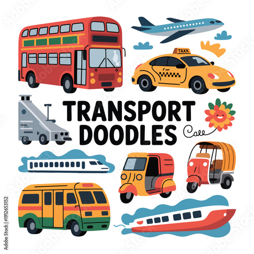 Colorful Transport Doodle: A playful and vibrant illustration of diverse modes of transport, perfect for adding a touch of whimsy and movement to any project. Showcasing an array of vehicles.