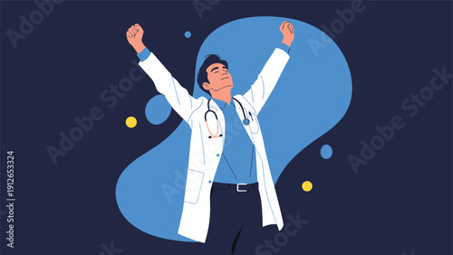 Confident and triumphant doctor in a white coat and stethoscope, raising his arms in celebration against a dynamic blue background, symbolizing success and hope.