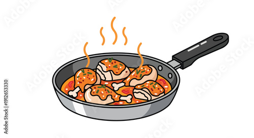 A vibrant cartoon illustration showcasing delicious hot chicken drumsticks simmering in a rich, flavorful tomato-based sauce within a sleek, modern