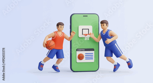 Two stylized figures play basketball near a smartphone screen displaying a game