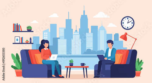 Two people work on laptops in a modern living room with city skyline view