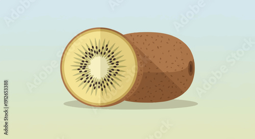 Two golden kiwis, one whole, one sliced in half, against a light gradient