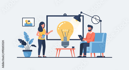 Two people brainstorm around a giant lightbulb and whiteboard