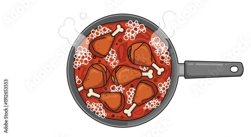 Vibrant cartoon depiction of chicken drumsticks simmering in a rich, bubbling sauce inside a pan, a comforting home-cooked meal illustration