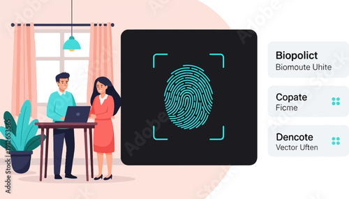 Two people by a laptop in front of a fingerprint scanner