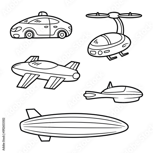 Future Transport Concepts: Illustration of diverse futuristic vehicles, from sleek automobiles to innovative airships, each promising efficient and sustainable travel experiences.