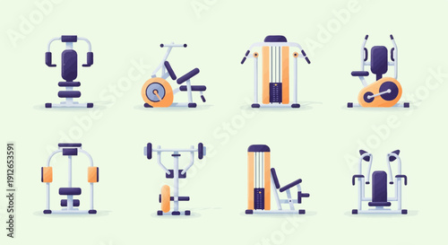 Various gym machines on a light green background, vector illustrations