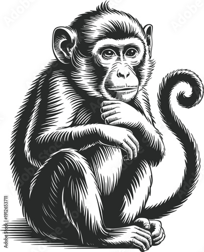 Chimpanzee sitting and contemplating, engraving style illustration, isolated on transparent background