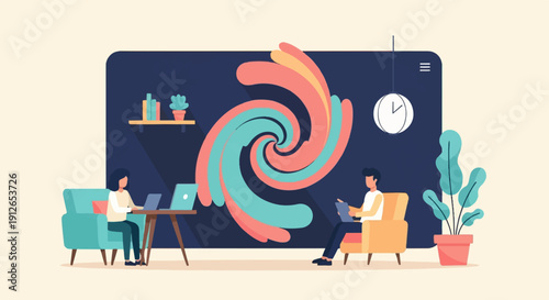 Two people work on laptops in a modern living room with abstract art