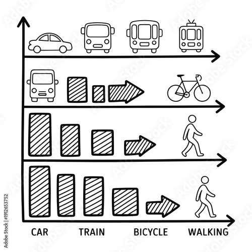 Traffic Flow Chart: A minimalistic and informative graphic illustrates transportation mode comparison, showing a bar graph that visualizes the flow of traffic including car, train, bicycle.