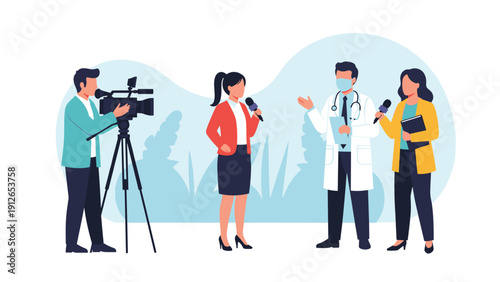 Medical doctor in a protective mask giving an important interview to two journalists with microphones, while a cameraman records the news event.