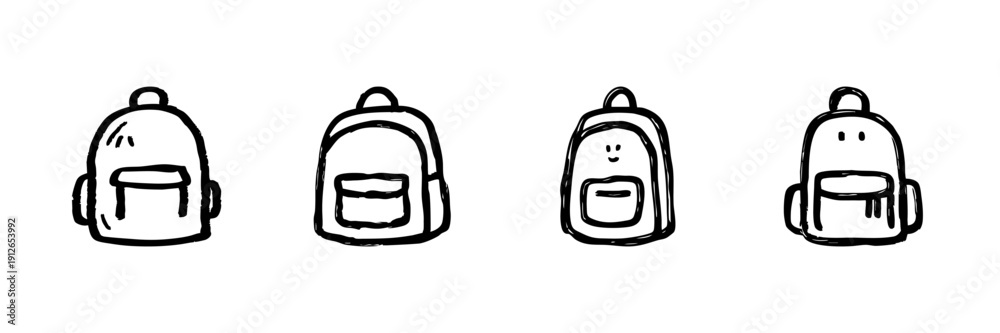 Obraz premium Backpack Line Icon Set In Doodle Style. School Supplies, Travel Gear, And Outdoor Adventure Outline Sketch Collection. Hand Drawn Isolated Vector Illustration