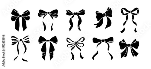 Black Ribbon Bow Silhouette Set Elegant Decorative Vector Collection classic, romantic, and luxury bow shapes perfect for branding, wedding design, gift packaging, logo creation, craft projects