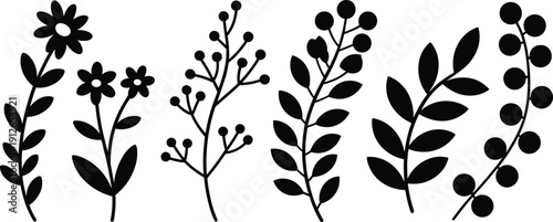 Floral and botanical branch silhouettes collection isolated on white background vector illustration set with flowers leaves and decorative plant elements