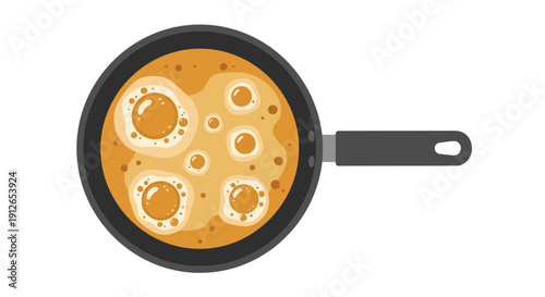 Golden yolks sizzling in a sleek non-stick pan, a delicious breakfast cooking scene captured from an overhead perspective, illustrating culinary