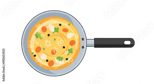 Vibrant vegetable soup simmering in a cooking pan, overhead view, ideal for healthy culinary concepts