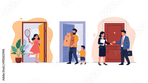 Diverse scenarios featuring people interacting with doorways: a woman playing sports, a family moving, and business professionals meeting.