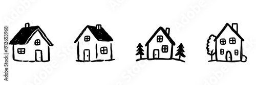 Four Houses Line Icon Set In Doodle Style. Residential Architecture And Home Design Outline Sketch Collection. Real Estate And Suburban Living Concepts. Hand Drawn Isolated Vector Illustration
