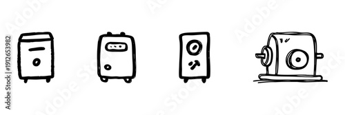 Safe And Vault Line Icon Set In Doodle Style. Security, Protection, And Storage Solutions Outline Sketch Collection. Hand Drawn Isolated Vector Illustration